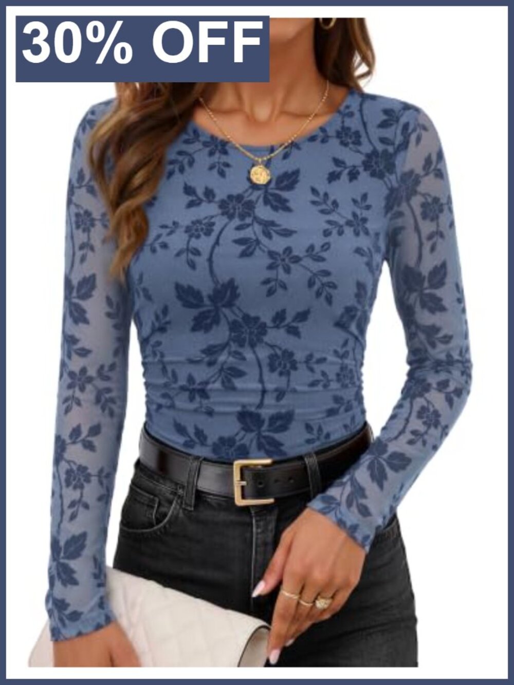 Womens Fall Long Sleeve Floral Mesh Blouse Ruched Waist Dressy Casual Top